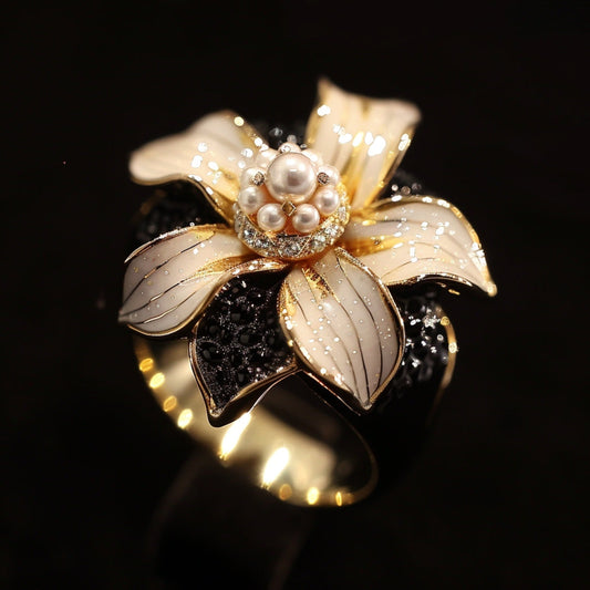 Gold Pearl Open Blossom Ring