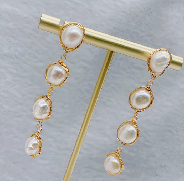 Elegant Golden Inlaid Pearl Dangling Earrings