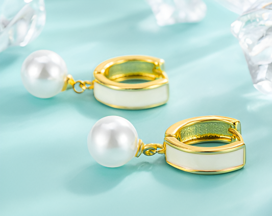 Elegant White Enamel Pearl Earrings