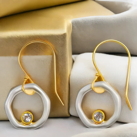 Two-Tone Ring Earrings with Clear Stone