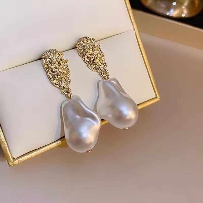 Vintage Gold Forged Barroque Pearl Earrings